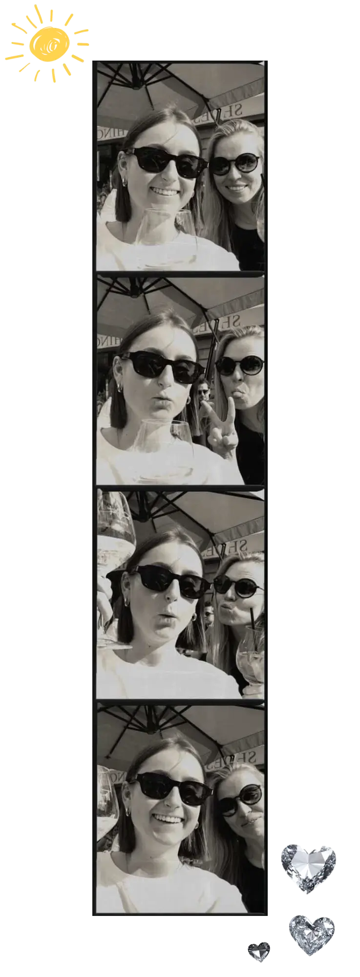 Classic retro photo strip with rhinestone hearts around it